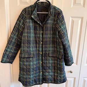 Talbots Quilted Navy and Green Plaid Button-Front Coat